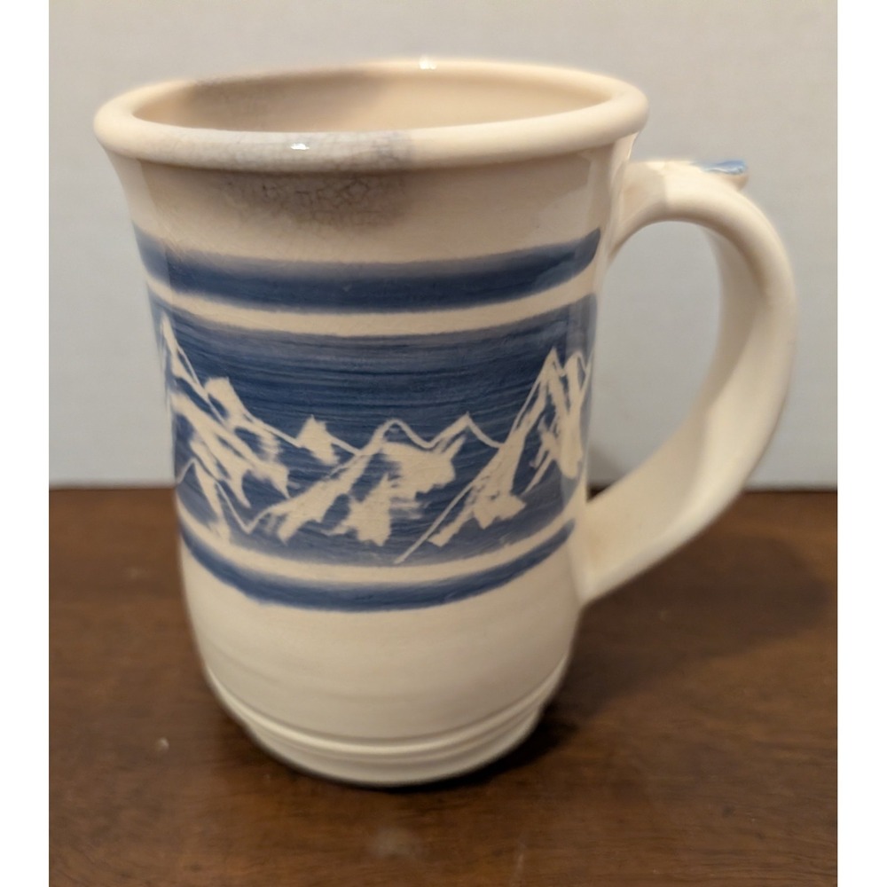 Studio Pottery Stoneware Mug/White With Blue Mountains/Crazing & Staining On Rim